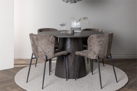 table de salle à manger ronde aspect bois moka et chaise moderne